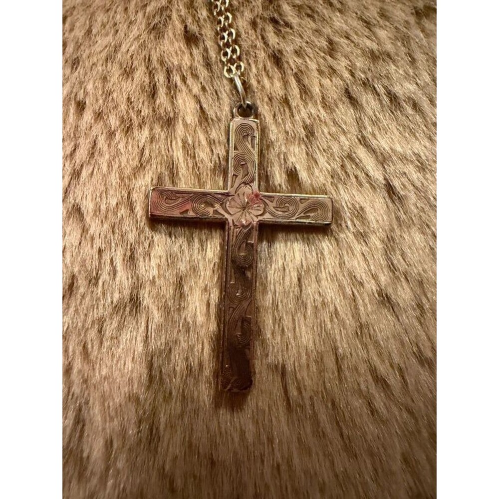 Vintage 1/20 Gold Filled Engraved Cross Pendant Necklace